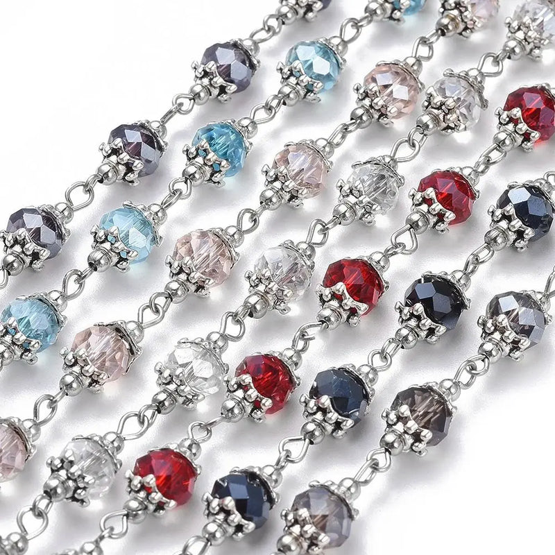 5 Strand Glass Bead Chains with Alloy Bead Caps for Jewelry Making 1m/strand