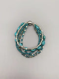 5 Strand Turquoise Bracelet w/ Teal Crystals & Silver Beads Magnetic Clasp 7.5"
