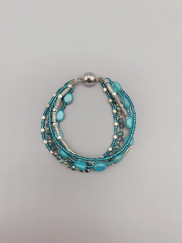 5 Strand Turquoise Bracelet w/ Teal Crystals & Silver Beads Magnetic Clasp 7.5"