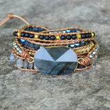 5 Strands Wrap Leather Bracelet Natural Crystal Beads Bangle Boho Jewelry
