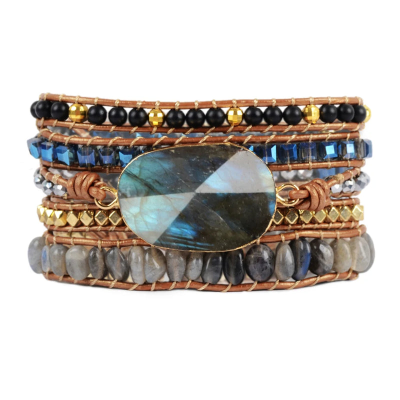 5 Strands Wrap Leather Bracelet Natural Crystal Beads Bangle Boho Jewelry