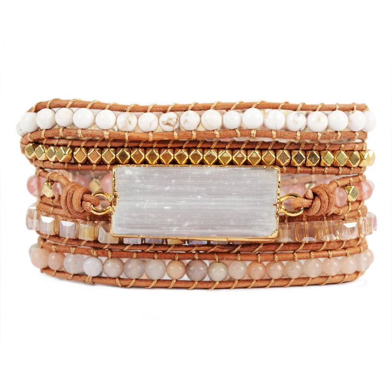 5 Strands Wrap Leather Bracelet Crystal Quartz Stone Beads Bangle