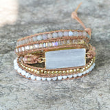 5 Strands Wrap Leather Bracelet Crystal Quartz Stone Beads Bangle