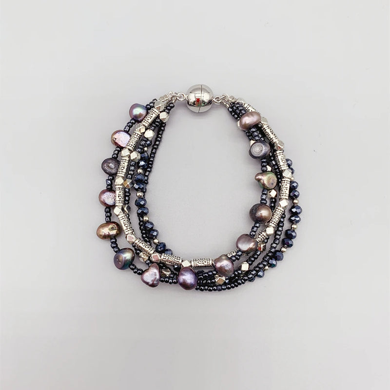 Freshwater Pearl Bracelet Navy Crystals Silver Beads