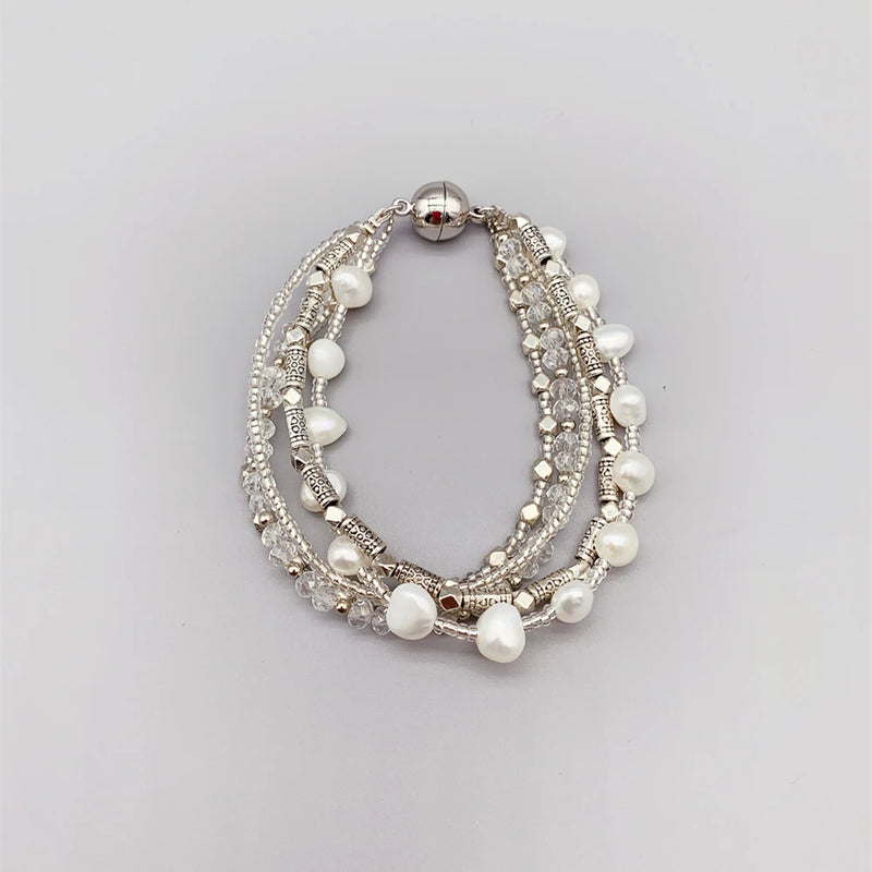 Freshwater Pearls Bracelet 7.5 Inches with Crystals and Silver Beads