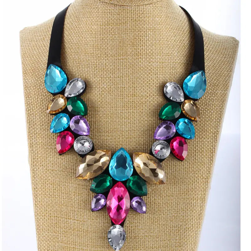 Rhinestone Choker Necklace Ribbon Chain Lake Stone Pendant Women Collier