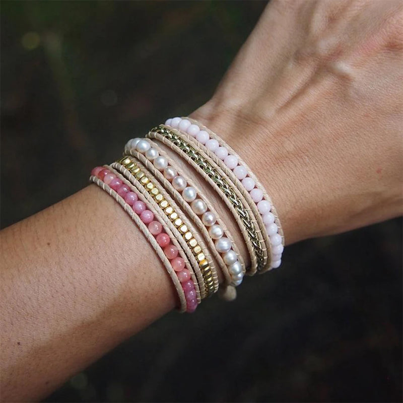 5 Times Wrap Bracelet Freshwater Pearl Cherry Quartz Chain Plated Brass