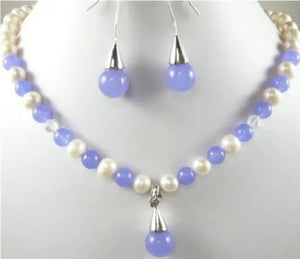 White/Black Pearl & Green/Purple Jade/Shell Necklace Pendant Earrings Set