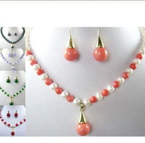 White/Black Pearl & Green/Purple Jade/Shell Necklace Pendant Earrings Set