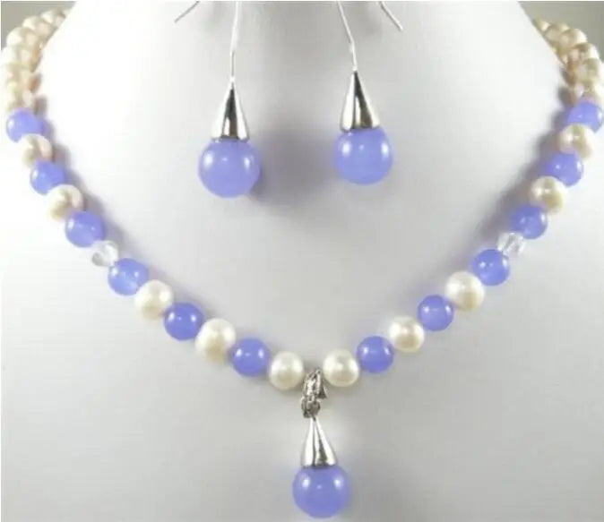 White/Black Pearl & Green/Purple Jade/Shell Necklace Pendant Earrings Set