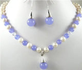 White/Black Pearl & Green/Purple Jade/Shell Necklace Pendant Earrings Set