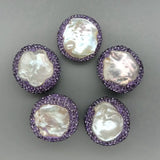 5 pcs Coin Shape Purple Pearl Crystal Pave Spacer Beads Findings