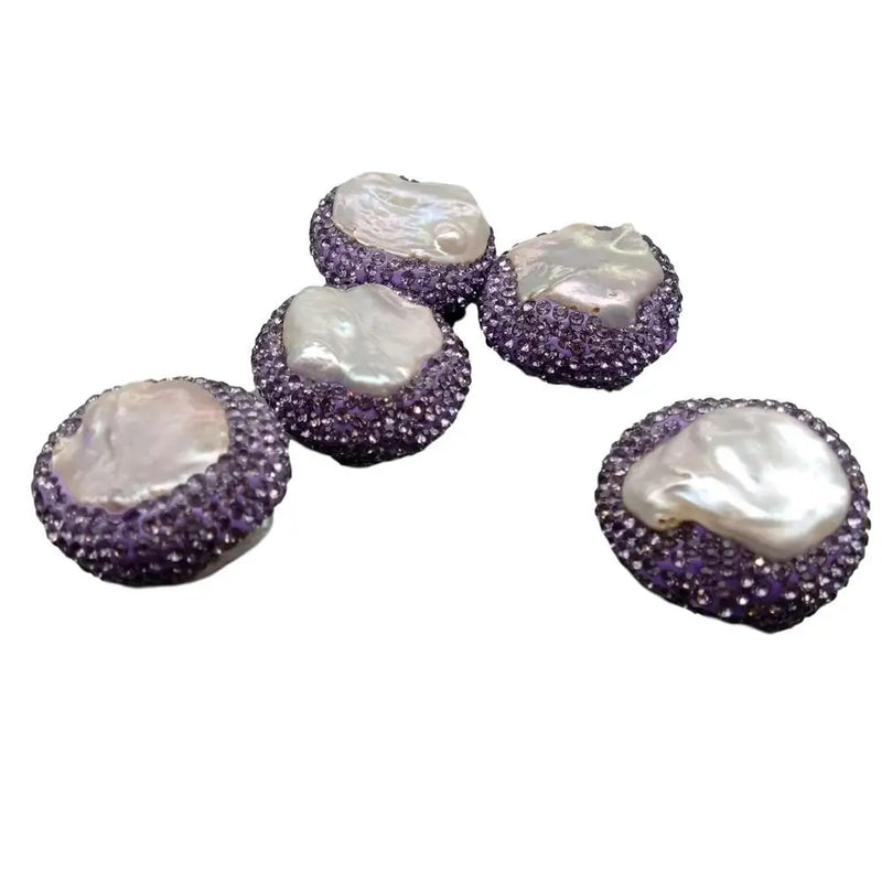 5 pcs Coin Shape Purple Pearl Crystal Pave Spacer Beads Findings
