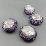 5 pcs Coin Shape Purple Pearl Crystal Pave Spacer Beads Findings