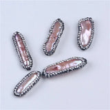 5pcs Biwa Shape Freshwater Pearl Beads with Rhinestone Zircon Paved