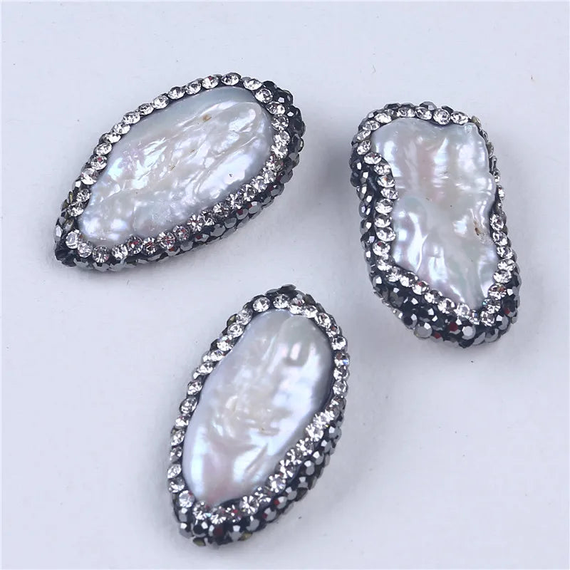 5pcs Biwa Shape Freshwater Pearl Beads with Rhinestone Zircon Paved