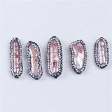 5pcs Biwa Shape Freshwater Pearl Beads with Rhinestone Zircon Paved