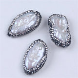 5pcs Biwa Shape Freshwater Pearl Beads with Rhinestone Zircon Paved