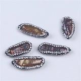 5pcs Biwa Shape Freshwater Pearl Beads with Rhinestone Zircon Paved