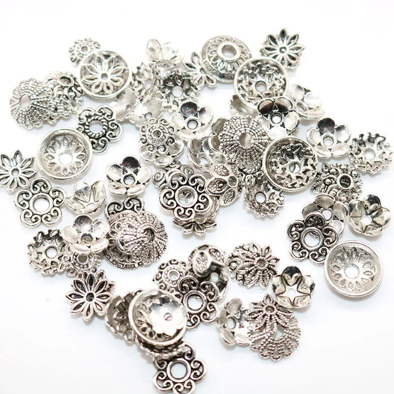 Tibetan Antique Silver Flower Bead Needlework DIY Accessories End Caps