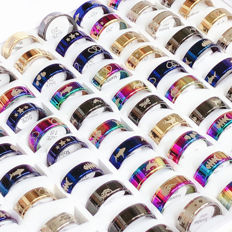50/100pcs Multicolor Stainless Steel Ring Mix Styles Wedding Jewelry Gift