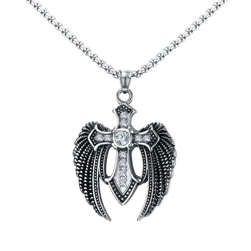 Stainless Steel Angel Wings & Rhinestone Cross Pendant Necklace