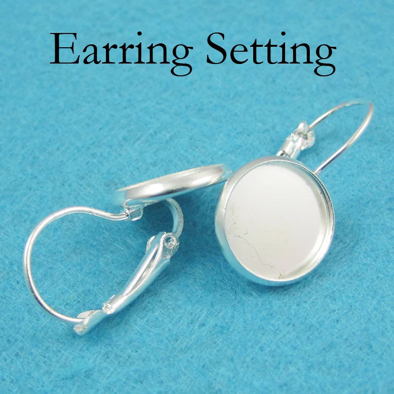 50 PCS Silver Bezel Earring Settings Round Base Trays Lever Back 12mm 16mm