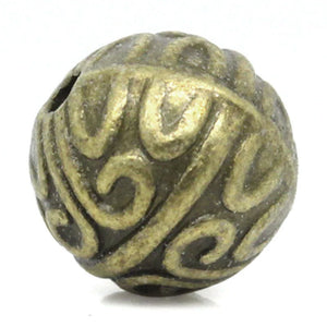 50 Vintage Spacer Beads Round Ball Bronze Flower Carved 7mm Dia