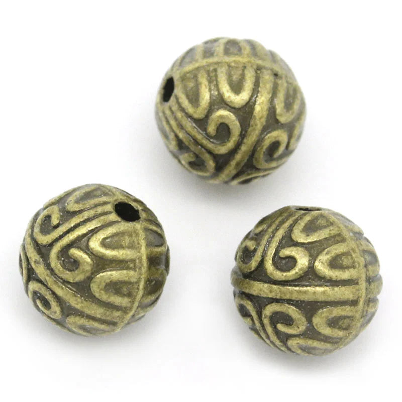 50 Vintage Spacer Beads Round Ball Bronze Flower Carved 7mm Dia