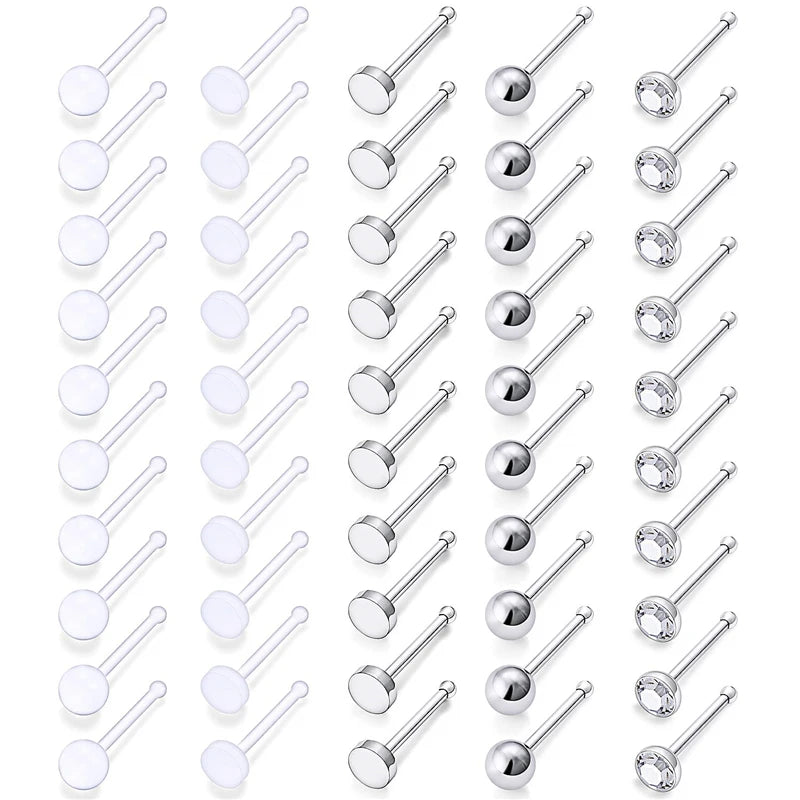 50-Pack 22G Nose Studs 316L Steel Clear CZ Nostril Pin Studs Piercing Jewelry
