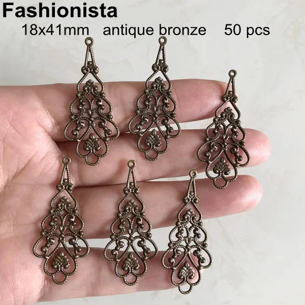 50 Pcs Brass Filigree Charms 18x41mm Chandelier Pendant 7 Colors