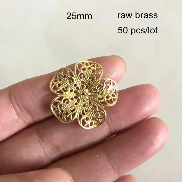 50 Pcs Brass Flowers 25mm Filigree Flower Bead Caps Raw Brass/Silver Jewelry