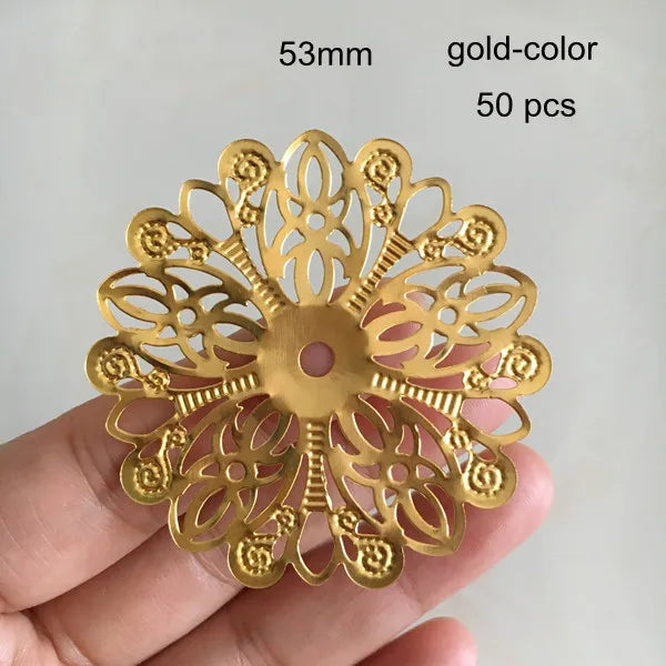 50 Pcs Large Filigree Metal Flowers 53mm Steel Color Round Flower Ornament