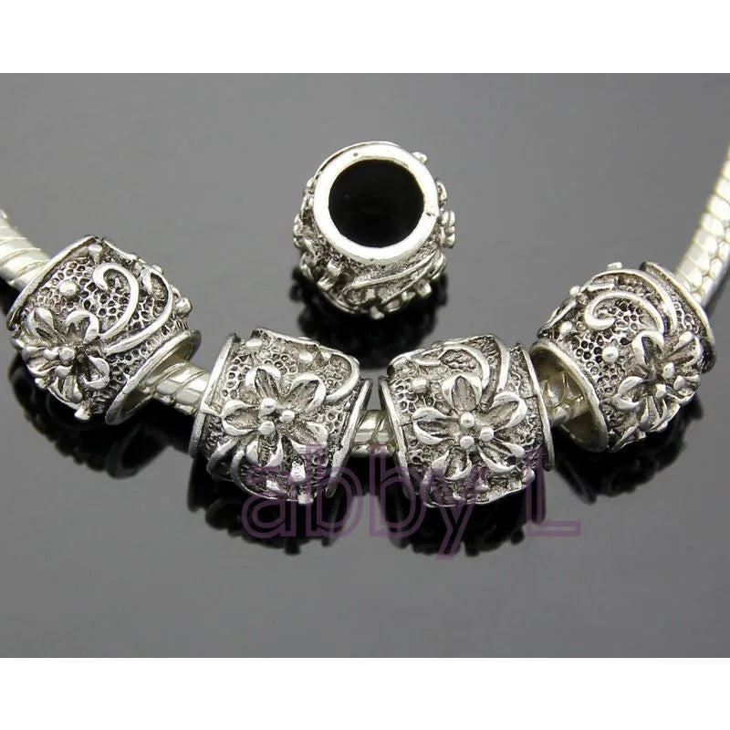 50 Pcs Vintage Silver Flower Big Hole Beads For European Charm Bracelet DIY