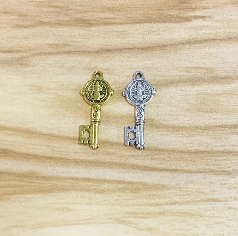 Tibetan Silver 3D Key Charm with Saint Benedict Cross Pendant