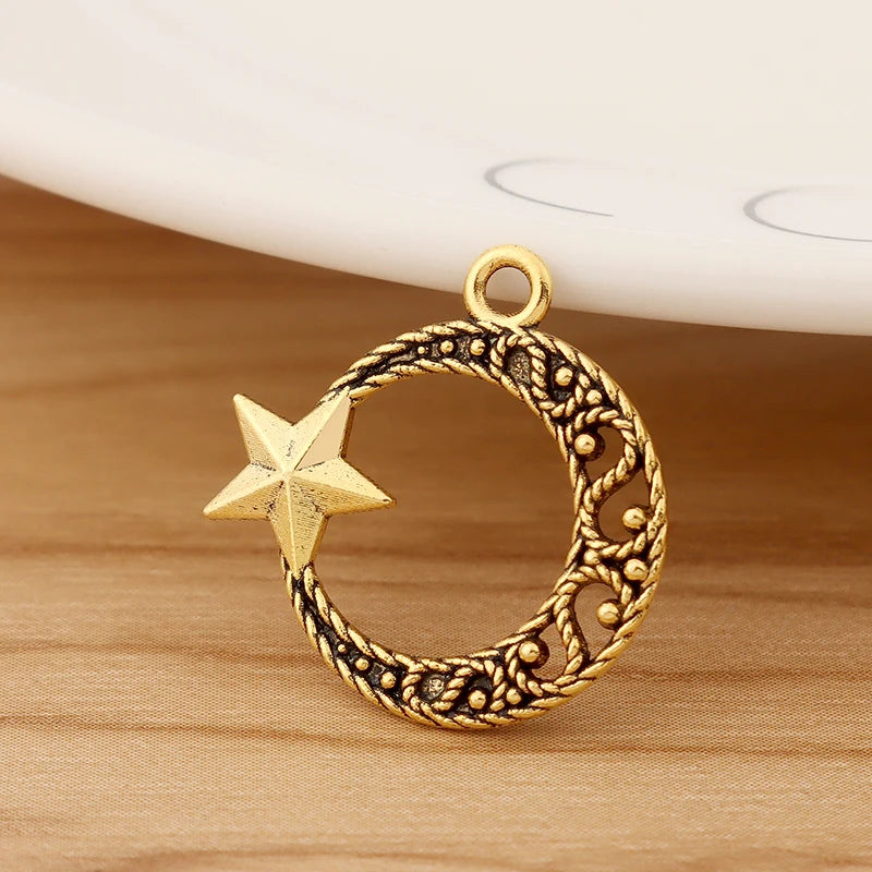 50 Tibetan Silver/Gold Crescent Moon Star Charms 21x20mm