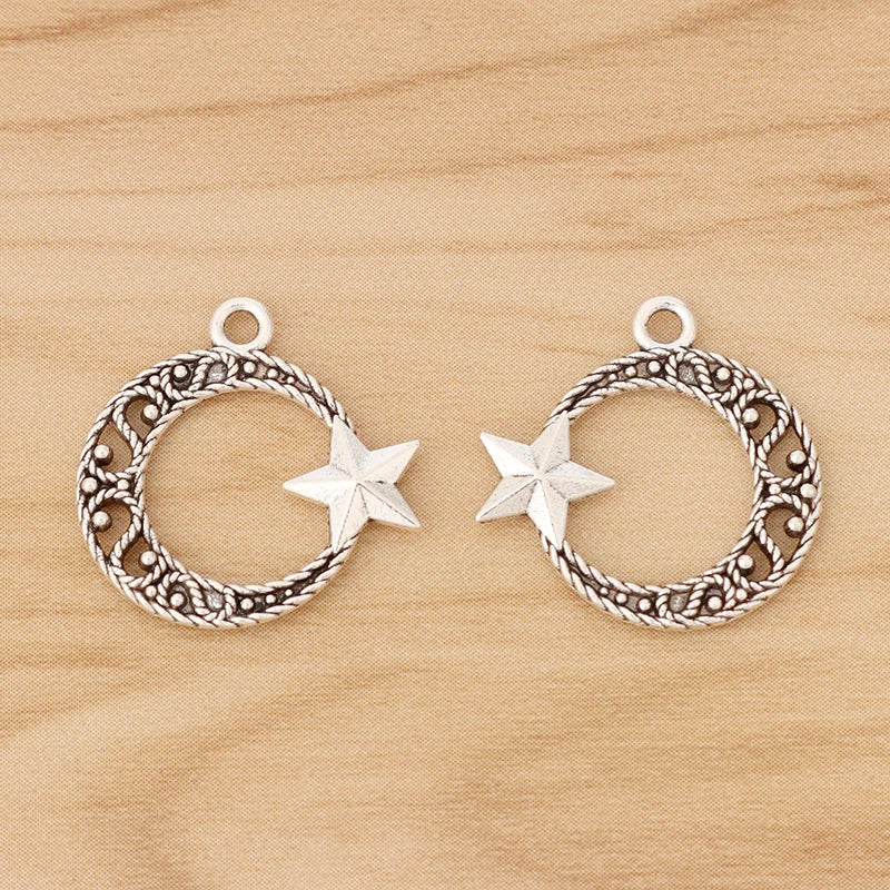 50 Tibetan Silver/Gold Crescent Moon Star Charms 21x20mm