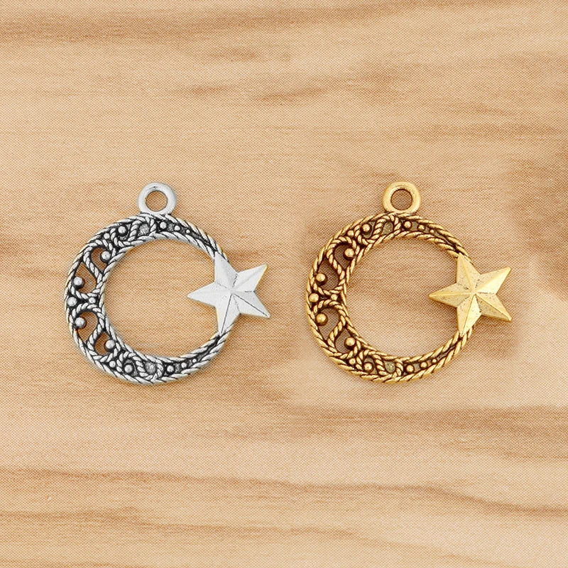 50 Tibetan Silver/Gold Crescent Moon Star Charms 21x20mm