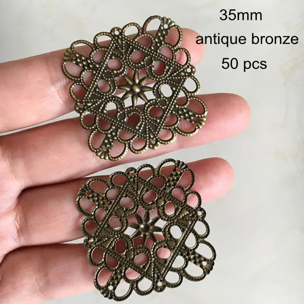 50 Antique Bronze Metal Filigrees 35x35mm Flower Settings Jewelry Projects