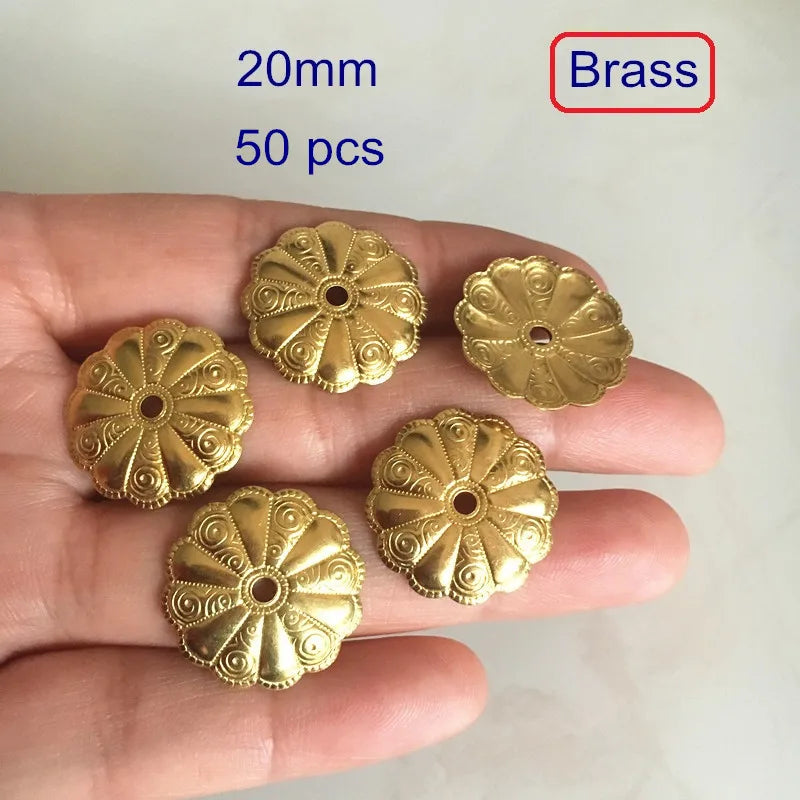 50 pcs Brass Flower Bead Caps 20mm, Detailed Pattern, 12 Petal Flower