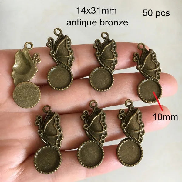 50 pcs Butterfly Base Setting Charm Pendants 14x31mm Fit 10mm Round Cabochon