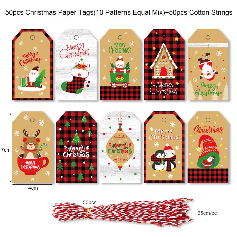 50 Christmas Paper Label Cards Hang Tags 4x7cm Santa Elk Hat Snowman DIY