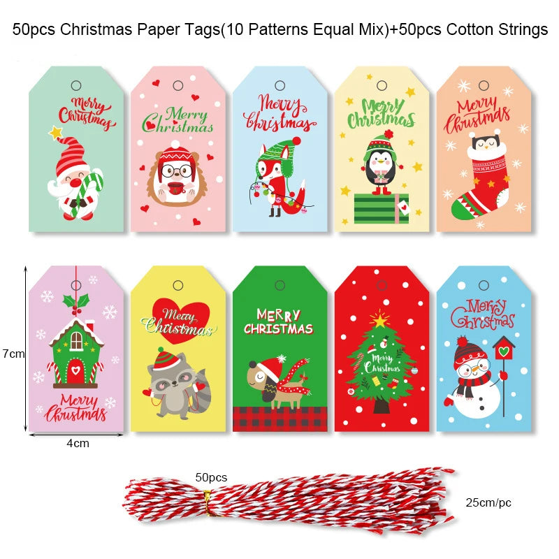50 Christmas Paper Label Cards Hang Tags 4x7cm Santa Elk Hat Snowman DIY