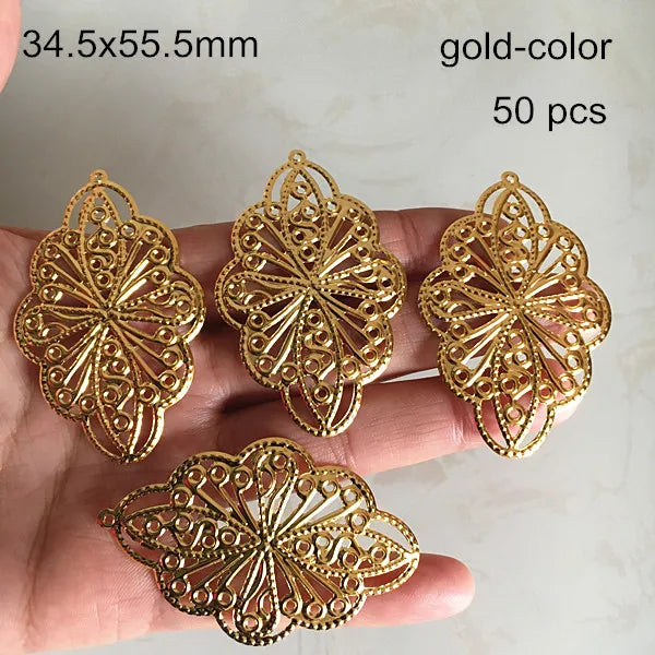 50 pcs Silver Oval Flower Filigree Charms Metal Stamping Pendant