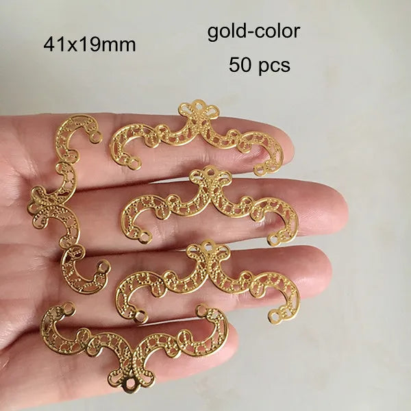 50 Metal Filigree Charms 41x19mm Gold/Silver/Bronze Jewelry Crafts