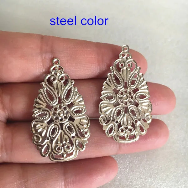 50 pcs Teardrop Shape Filigree Flower Charms, 22*38mm, Various Colors