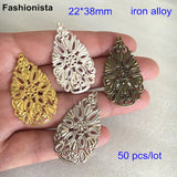 50 pcs Teardrop Shape Filigree Flower Charms, 22*38mm, Various Colors