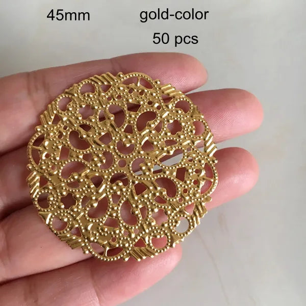 50 pcs Round Filigree Metal Stamping Part Ornament Gold/Bronze 45mm Flower