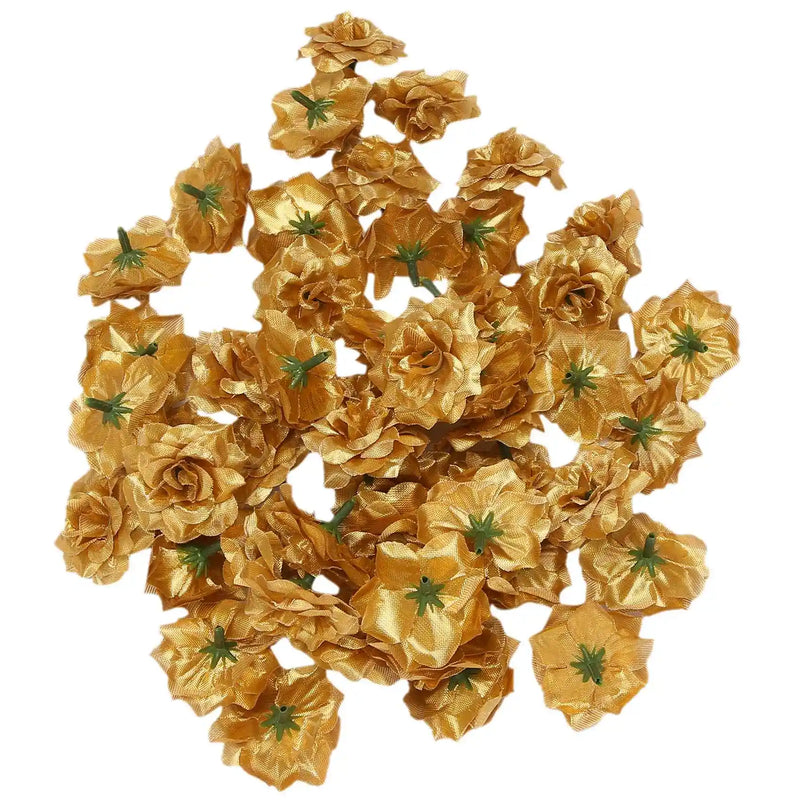50 pcs Silk Roses Artificial Wedding Clips Flower Head (Golden)