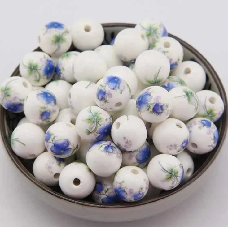 50 pcs Porcelain Beads, DIY Ceramic Loose Beads, Flower Pattern, Round Shape
